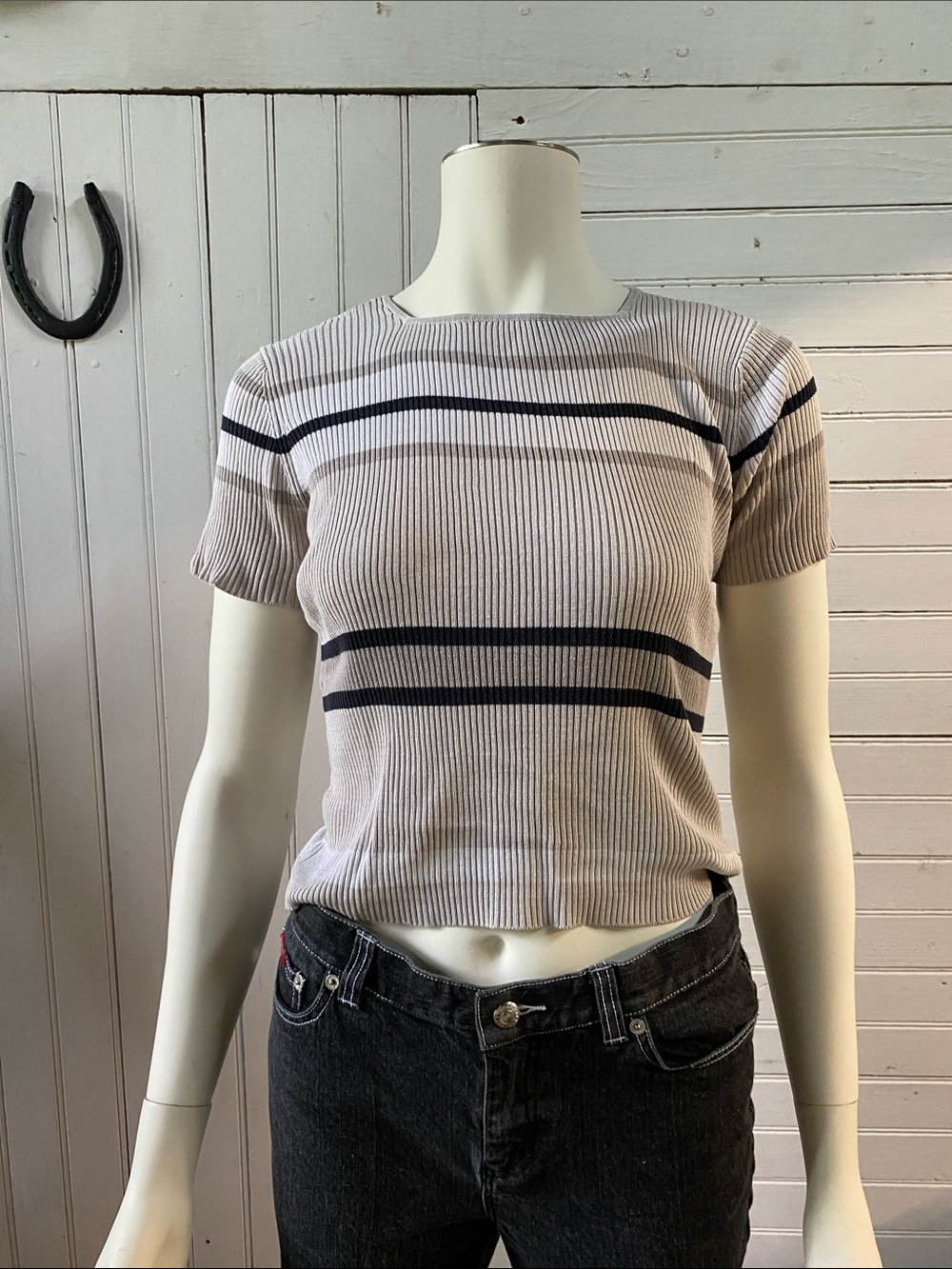 Clio Ribbed Crop Top in Cream with Navy Stripes
